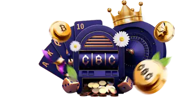 Slot machine with CBC symbols, surrounded by cards and coins, representing gambling at CryptoBoss Casino.